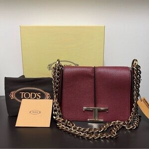 NIB Tod’s Timeless Chain Link Shoulder Crossbody Bag Burgundy Gold Box Dust Bag